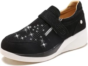 HINDOLA Women's Rhinestone Sneakers Arch Support Walking Fashion Casual Glitter Bling Shoes Wide Width Walking Shoes