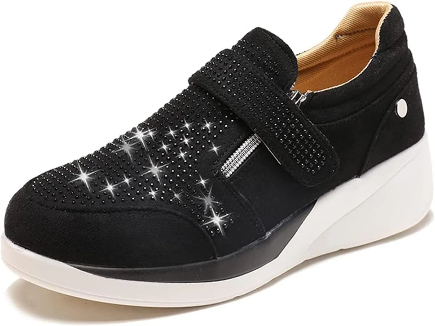 HINDOLA Women's Rhinestone Sneakers Arch Support Walking Fashion Casual Glitter Bling Shoes Wide Width Walking Shoes
