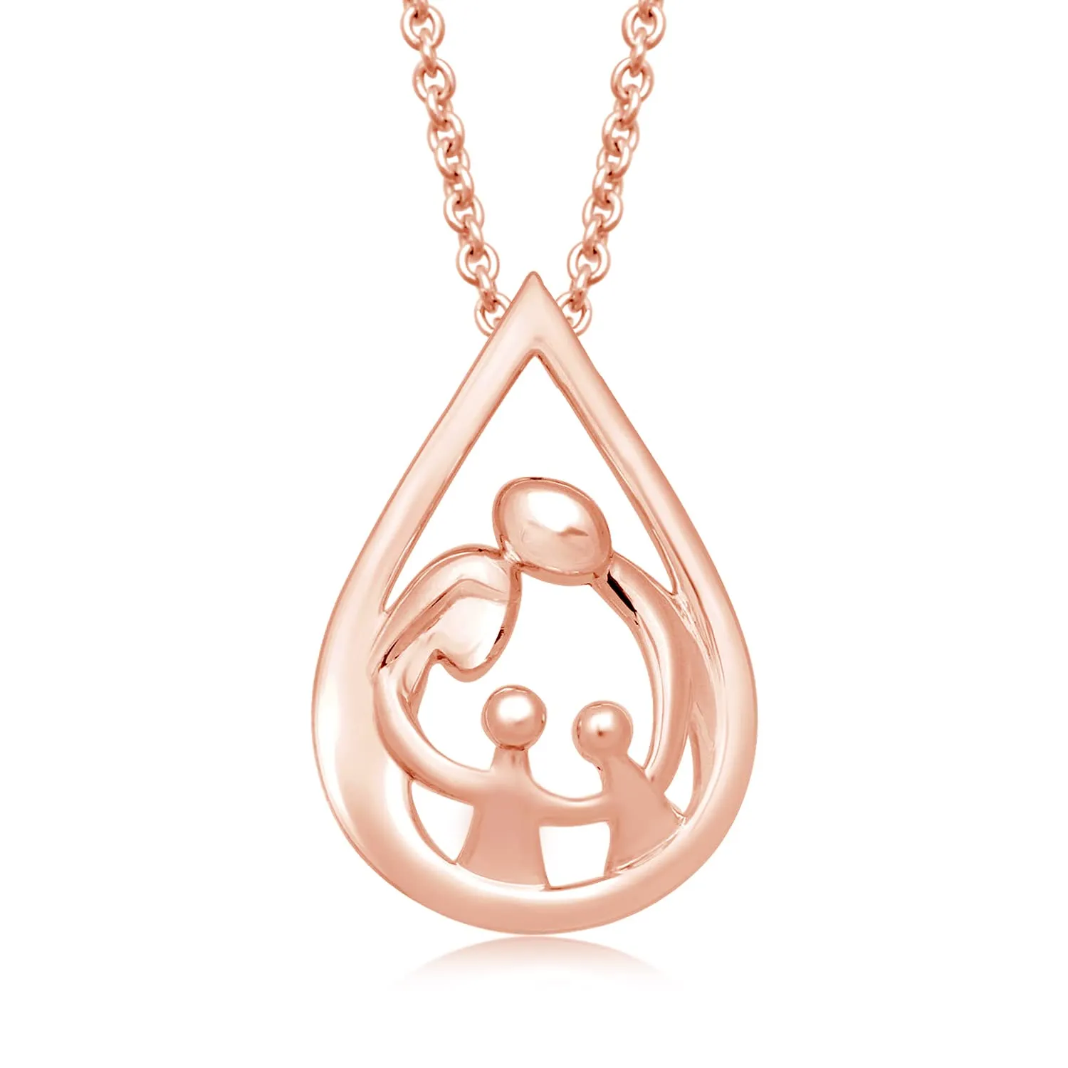 Jewelili 14K Rose Gold Over Sterling Silver With Parent and Two Children Family Teardrop Pendant Necklace