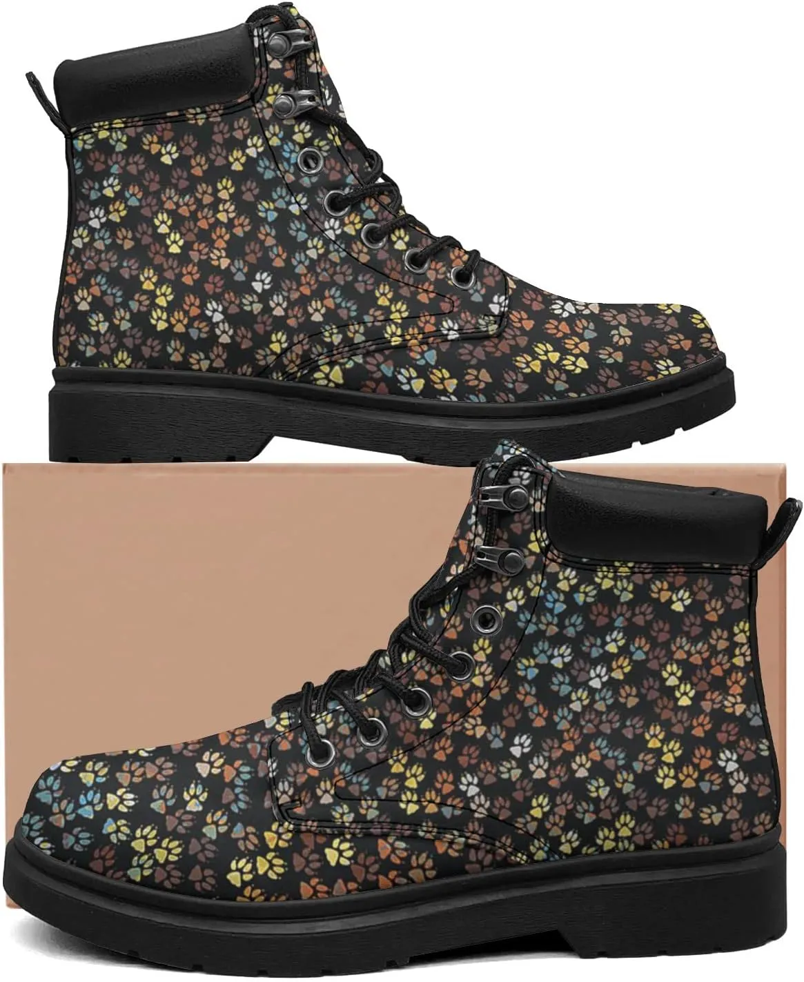 Pitovozu Colorful Dog Footprints Boots Womens Snow Boots Ankle Anti-Slip Combat Boots Lace Up Winter Waterproof Leather Boots Shoes Gifts for Women