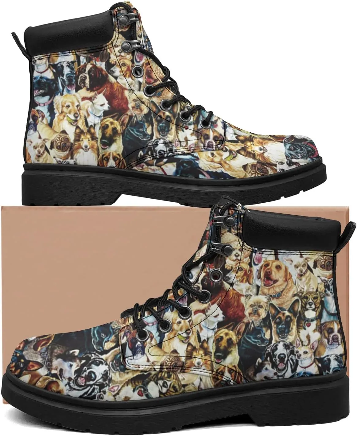 Pitovozu Colorful Dog Footprints Boots Womens Snow Boots Ankle Anti-Slip Combat Boots Lace Up Winter Waterproof Leather Boots Shoes Gifts for Women