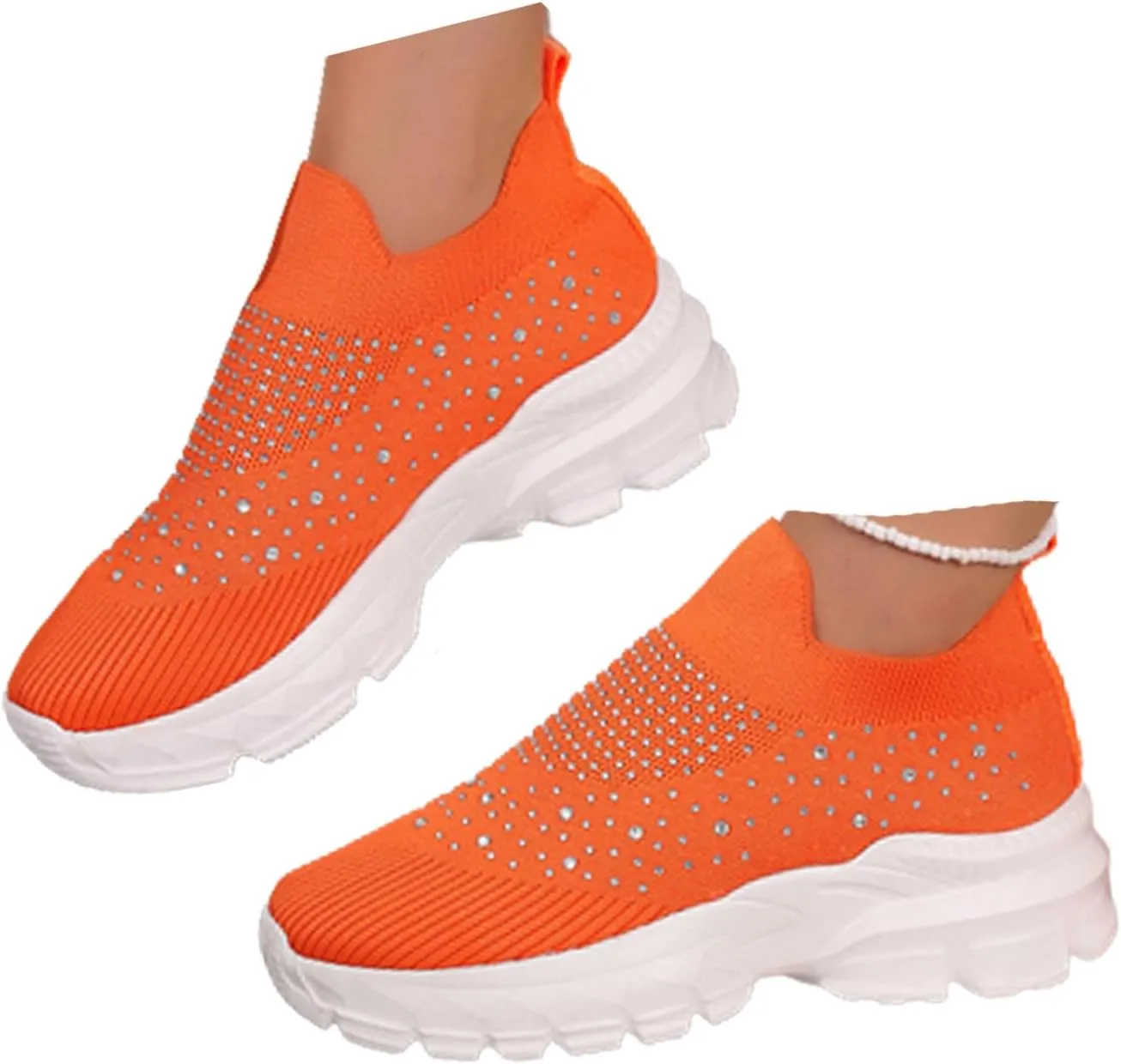 Women's Rhinestone Thick Sole Breathable Sneaker Fashion Mesh Walking Shoe Breathable Slip-on Loafers Non-Slip Orthopedic Arch Support Sock Sneaker Platform Sparkly Elastic Walking Shoes