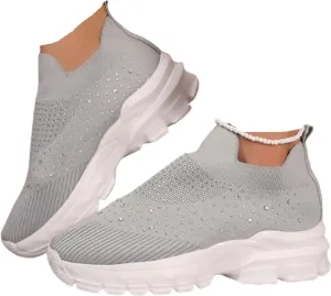 Women's Rhinestone Thick Sole Breathable Sneaker Fashion Mesh Walking Shoe Breathable Slip-on Loafers Non-Slip Orthopedic Arch Support Sock Sneaker Platform Sparkly Elastic Walking Shoes